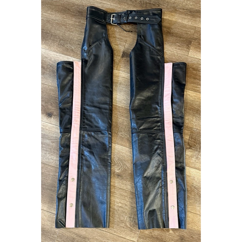 Unik Apparel Genuine Black Leather Motorcycle Chaps Adjustable Pink Women's L